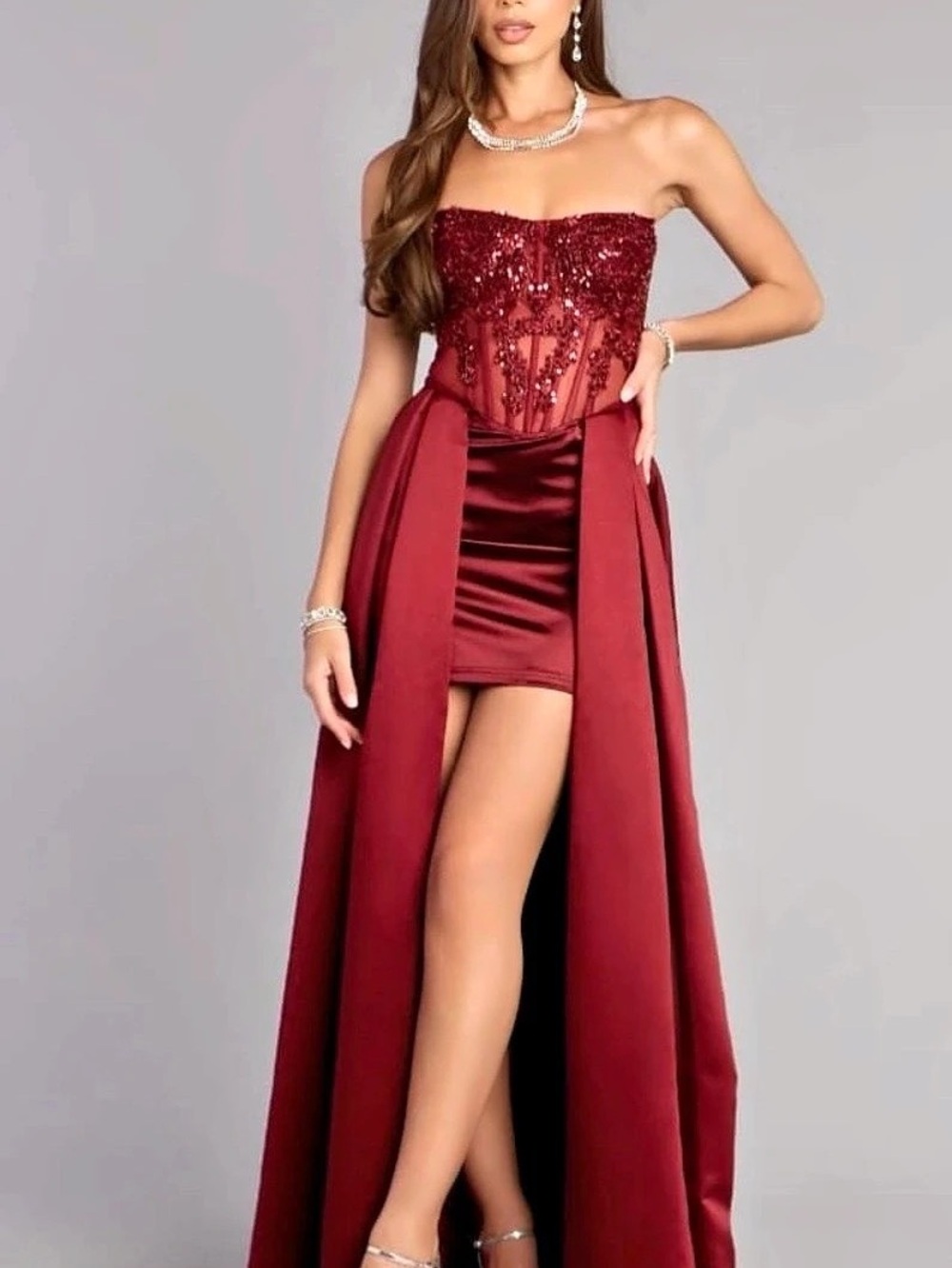 Wine Color Strapless Prom Dress